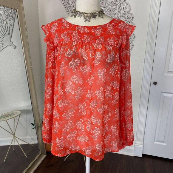 Boho Coquette Red White Micro Mesh Frilly Sleeve Sheer Blouse S - Picture 5 of 6